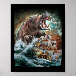 Póster Monstruo Hippo Mientras Kraken Ataque Un Barco De 