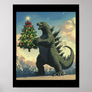 Póster Monstruo japonés Kaiju lleva árbol de Navidad 