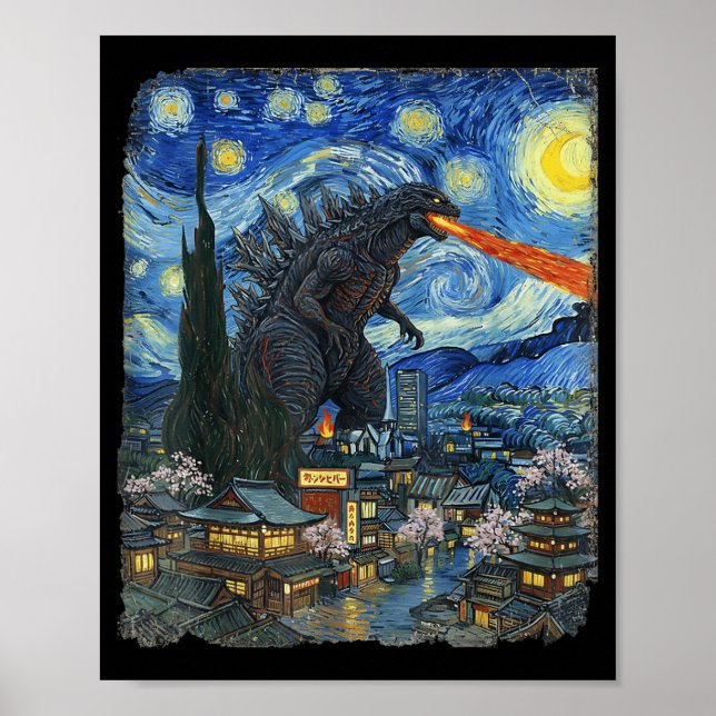 Póster Monstruo Kaiju japonés Vangogh noche estrellada Vi (Frente)