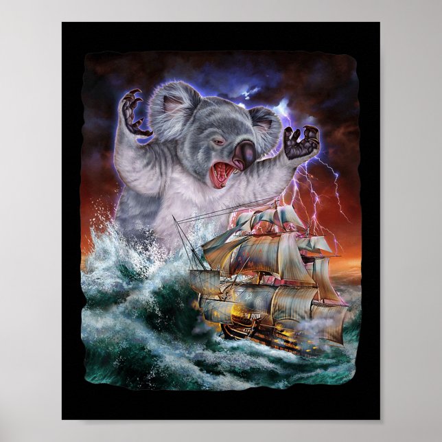 Póster Monstruo Koala Mientras Kraken Ataque Un Barco De  (Frente)