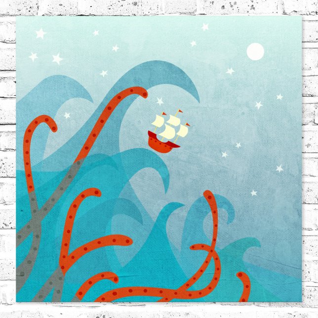 Póster Monstruo marítimo de barcos de vela (Sailing boat and sea monster poster for sailors and adventurers)