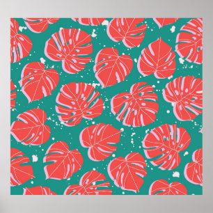 Póster Monstruo rojo: patrón tropical verde