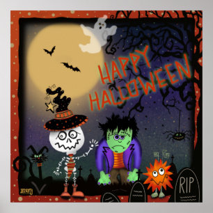 Póster Monstruos de gatos de Halloween Cute Spooky Skelet