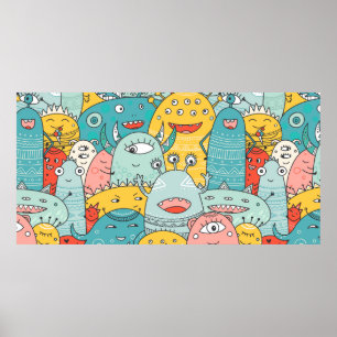 Póster monstruos lindos multitudes sin costura patrón al 