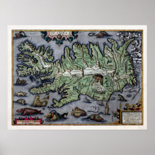 Póster Monstruos marinos de Islandia 1585 Mapa