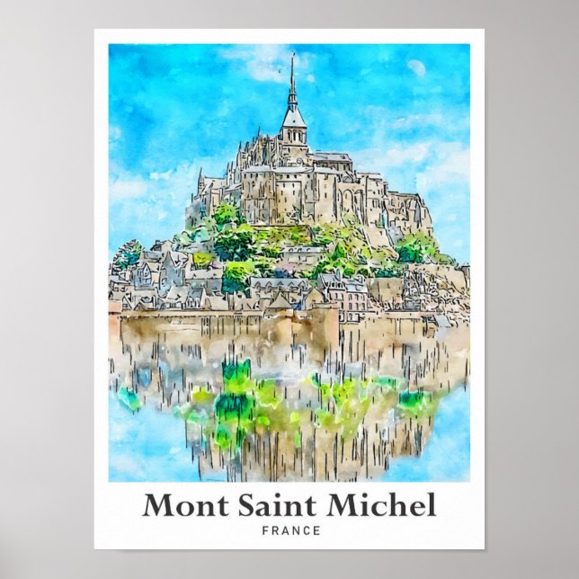 Póster Mont Saint Michel Francia Viaje a la acuarela (Frente)