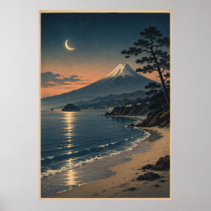 Póster Montaje de playa a la luz de la luna del Monte Fuj