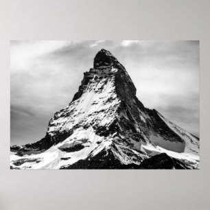 Póster Montaña alpina icónica Cervino en negro y Whi