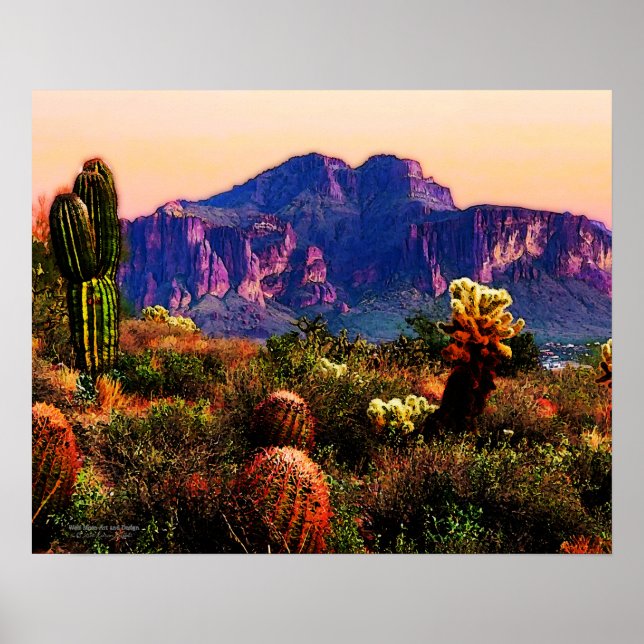 Póster Montaña Cacti Y Púrpura En El Desierto Sonorano De (Frente)