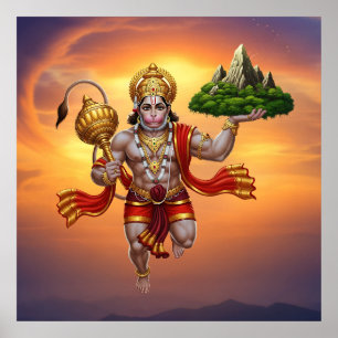 Póster Montaña de elevación de vuelo Lord Hanuman