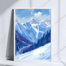 Póster Montaña de esquí | Cordillera de acuarela azul