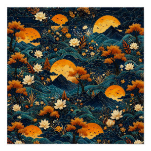 Póster Montaña de la Luna Dorada Flor de Loto en el Cielo