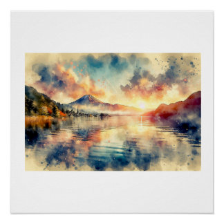 Póster Montaña del lago Kawaguchi al atardecer, 