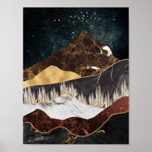 Póster Montaña dorada de mármol bajo cielo estrellado
