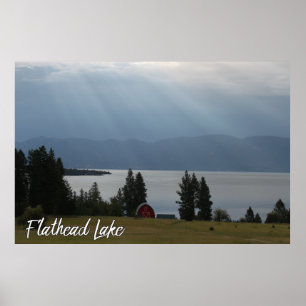 Póster Montana Flathead Lake Shore Red Barn Trees