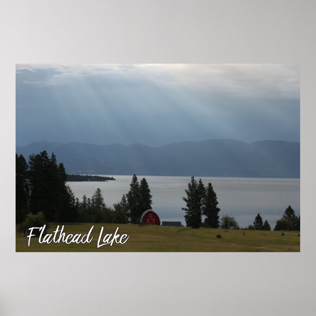 Póster Montana Flathead Lake Shore Red Barn Trees (Frente)