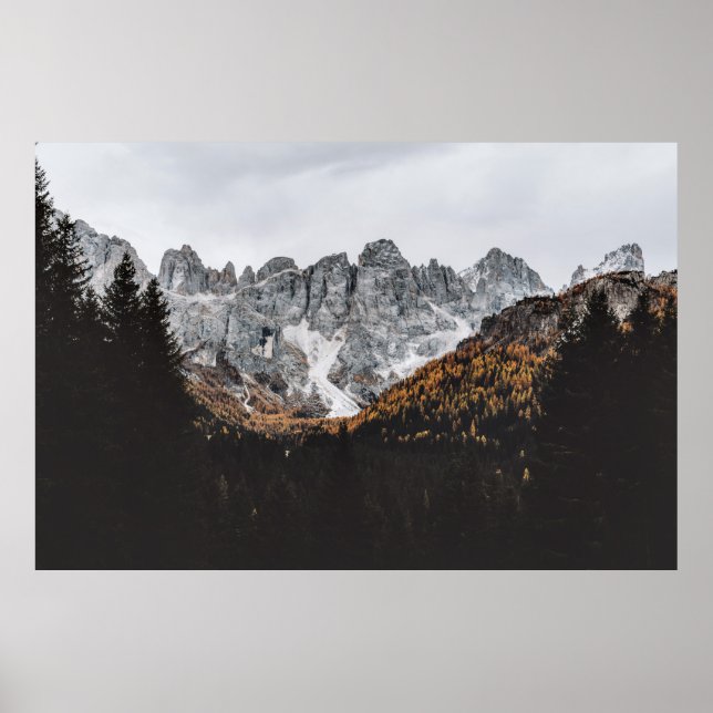 PÓSTER MONTAÑA GRIS ROCKY CON ÁRBOLES POR DEBAJO DEL DÍA (Frente)