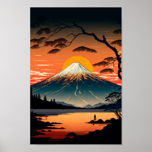 Póster Montaña japonesa y ilustracion de Sun Ukiyo e