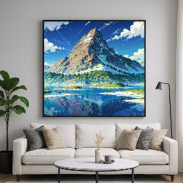 Póster Montaña Lakeside - Estilo Ilustracion colorido
