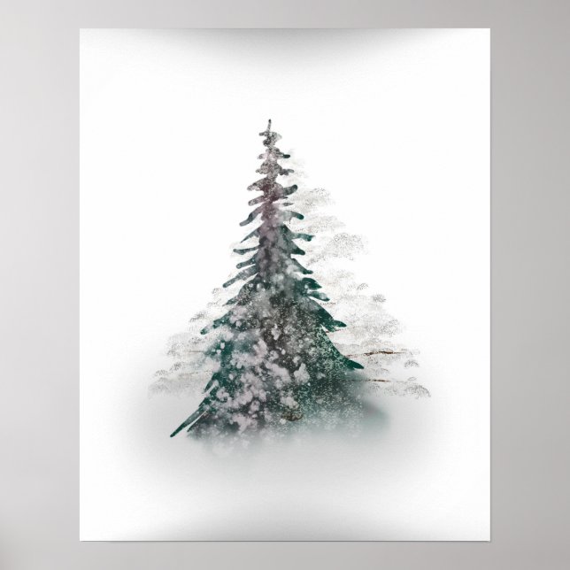 Póster Montaña nevada con árbol solitario (Frente)