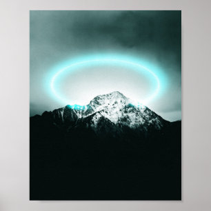 Póster Montaña nevada misteriosa luz de neón azul