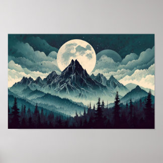 Póster Montaña oscura con luna grande