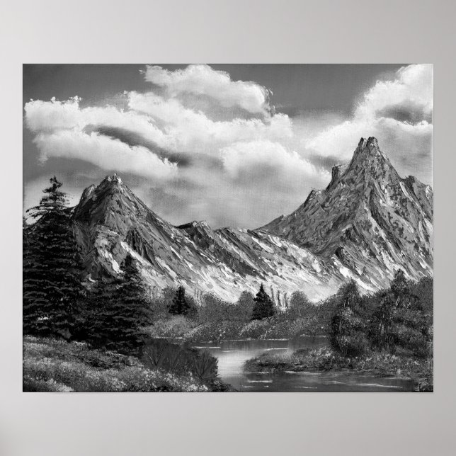 Póster Montaña Rocosa Panorámica En Blanco Y Negro (Frente)