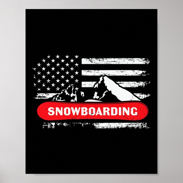 Póster Montaña Snowboard con diseño de bandera estadounid (Frente)