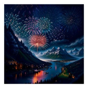 Póster Montaña Twilight con fuegos artificiales