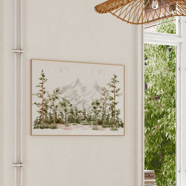 Póster Montaña y bosque en acuarela (In situ on wall)