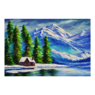 Póster Montaña y cabaña