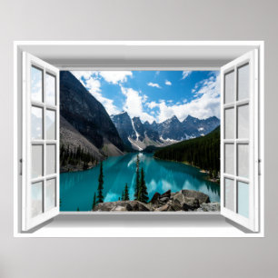 Póster Montañas 3D y vista de ventana falsa panorámica de