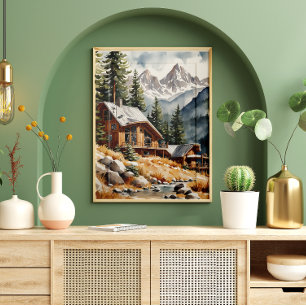 Póster Montañas acuáticas con una casa de madera