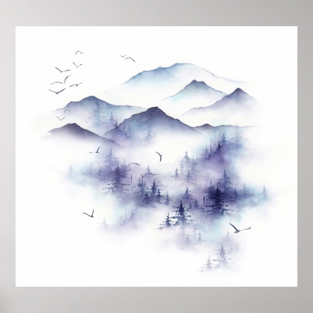 Póster Montañas acuáticas, ilustraciones del paisaje inve (Frente)