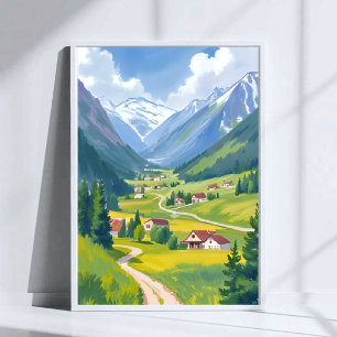 Póster Montañas al agua fuerte de los Alpes suizos Pintur