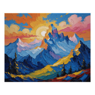 Póster Montañas al amanecer con resplandor