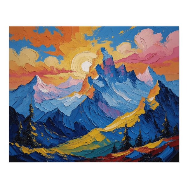 Póster Montañas al amanecer con resplandor (Anverso)