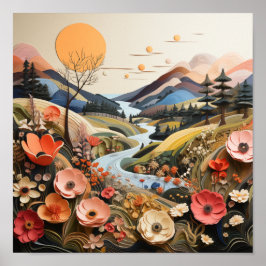 Póster Montañas, arroyo, flores silvestres al aire libre