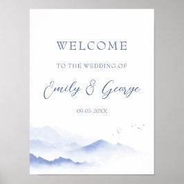 Póster Montañas azules y pájaros boda bienvenida poster