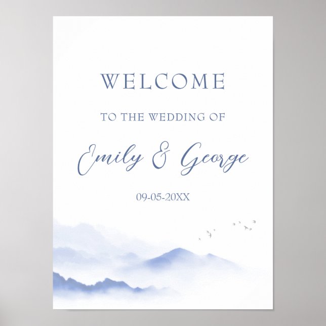 Póster Montañas azules y pájaros boda bienvenida poster (Frente)