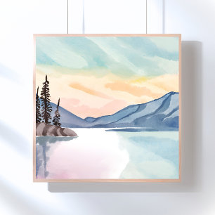 Póster Montañas brumosas Lago Tahoe Acuarela