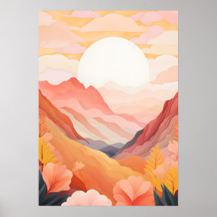 Póster Montañas cautivadoras, atardeceres y belleza flora