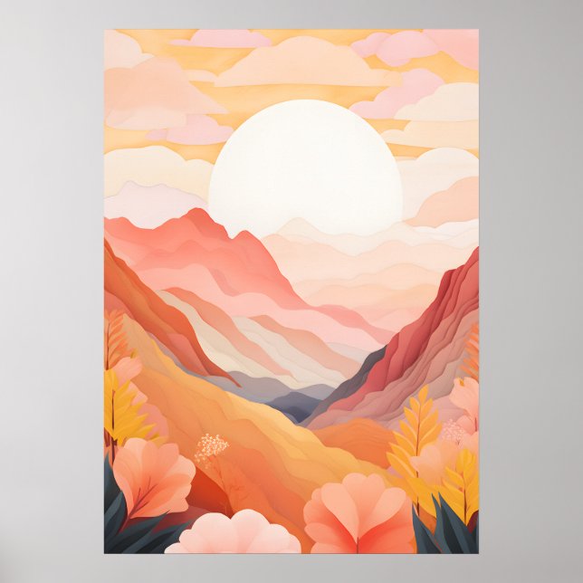 Póster Montañas cautivadoras, atardeceres y belleza flora (Frente)