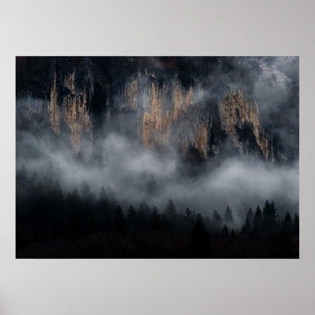 Póster Montañas con niebla a través del bosque de abetos (Frente)