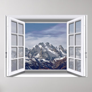 Póster Montañas cubiertas de nieve Ventana falsa 3D