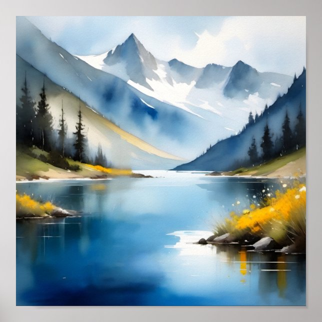 Póster Montañas cubiertas de nieve y un lago (Frente)