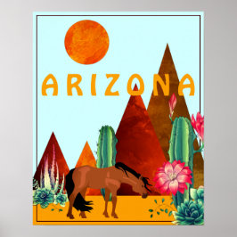 Póster Montañas de Arizona ~, desierto de Cacti y Caballo