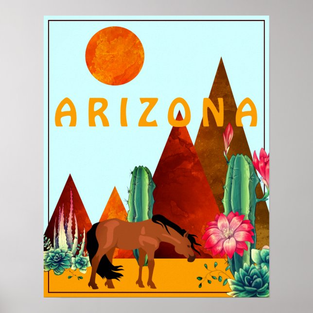 Póster Montañas de Arizona ~, desierto de Cacti y Caballo (Frente)