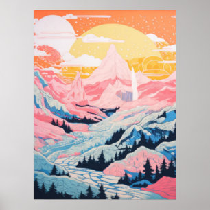 Póster Montañas de la puesta de sol rosa