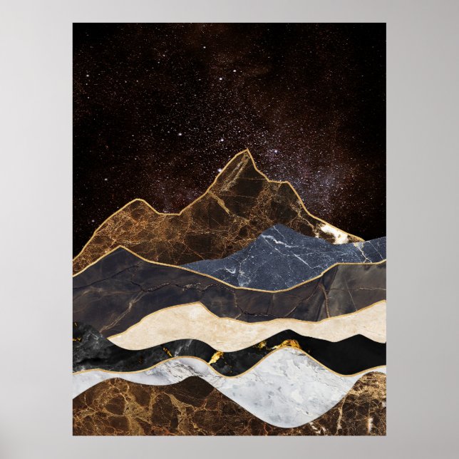Póster Montañas de mármol abstractas bajo cielo estrellad (Frente)